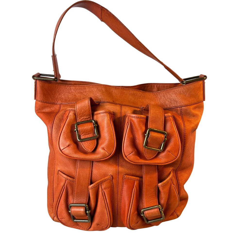 Garnet Hill‎ Burnt Orange Leather Hobo Bag Buckle Cargo Pockets Y2K